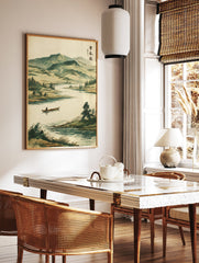 Japanese landscape wall art featuring a serene river, mountains, trees, and a person in a boat, with traditional calligraphy. - Image 2