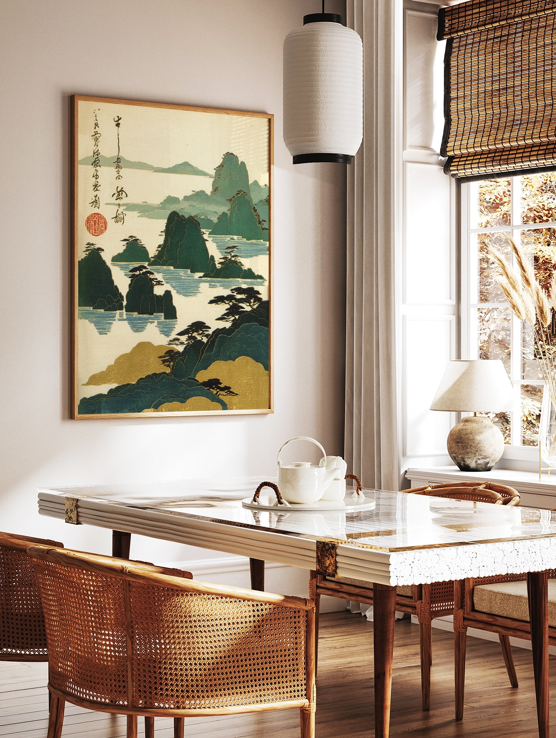 Traditional Japanese landscape wall art print depicting green mountains, blue water, pine trees, and gold clouds with calligraphy. - Image 2