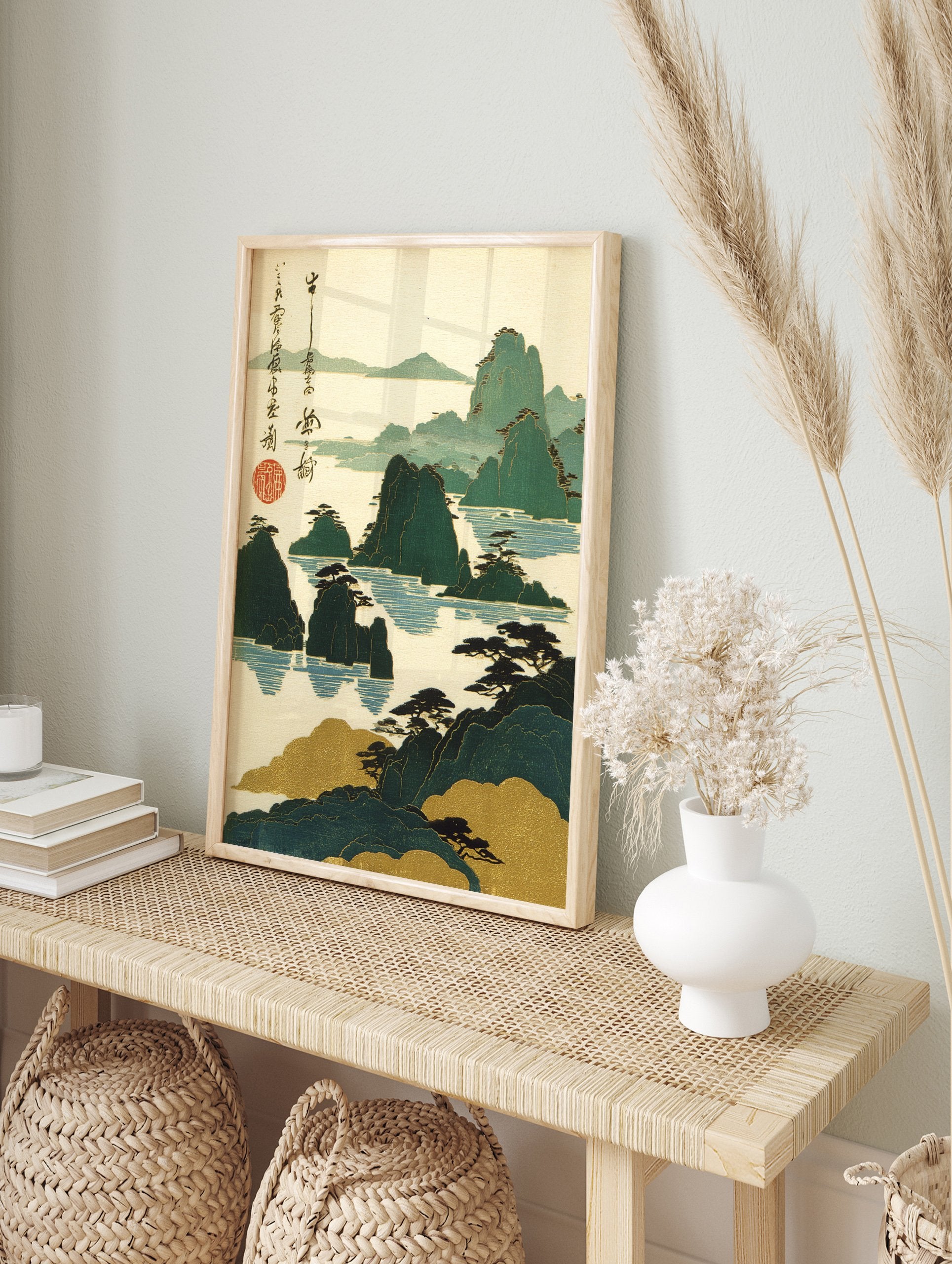 Traditional Japanese landscape wall art print depicting green mountains, blue water, pine trees, and gold clouds with calligraphy. - Image 3