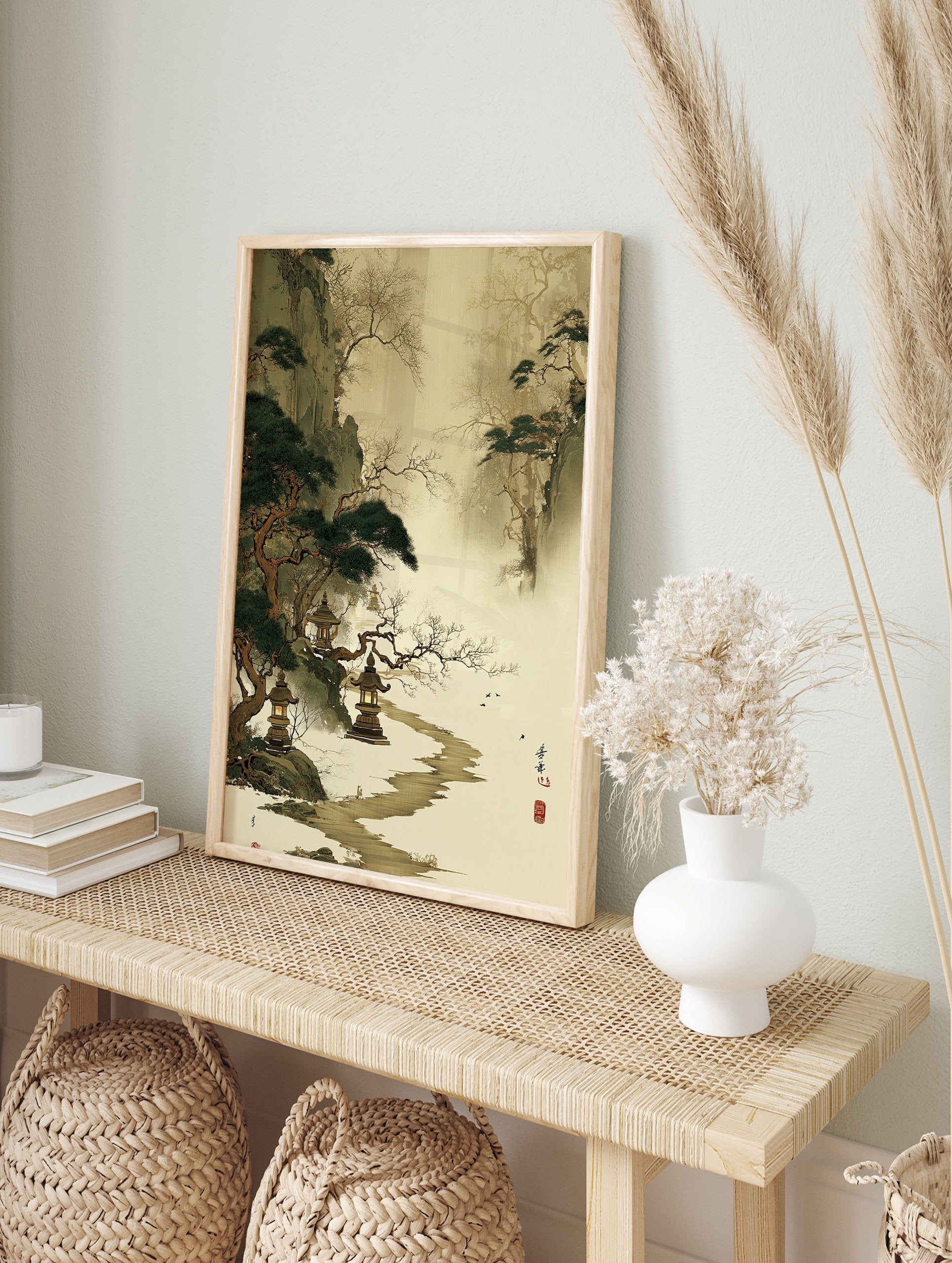 Japanese landscape wall art depicting a misty winter scene with pine trees, stone lanterns, a winding path, and flying birds. - Image 3