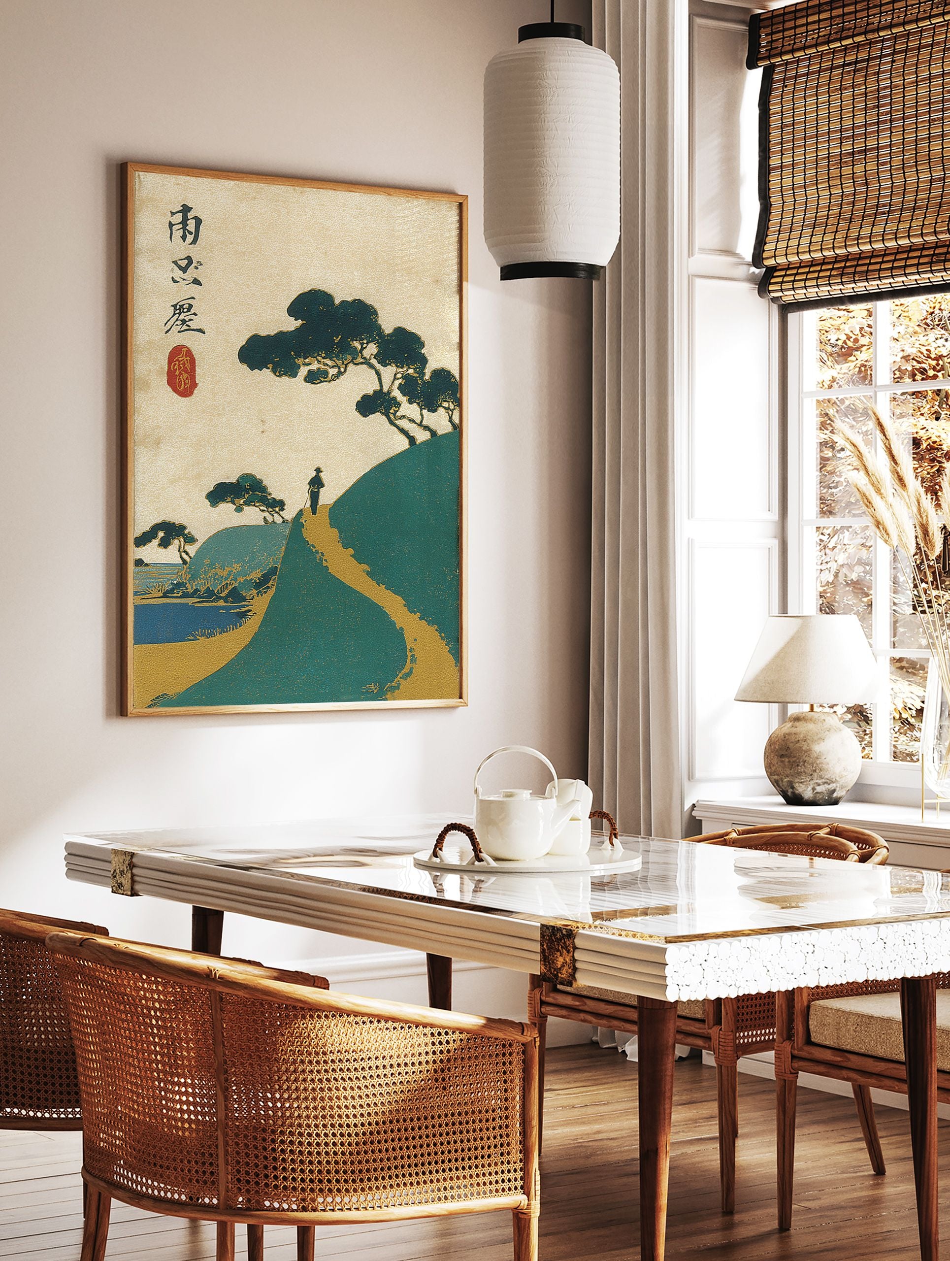 Japanese Ukiyo-e style landscape wall art print featuring a figure on a path, pine trees, and a calm sea in teal and gold. - Image 2