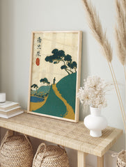 Japanese Ukiyo-e style landscape wall art print featuring a figure on a path, pine trees, and a calm sea in teal and gold. - Image 3