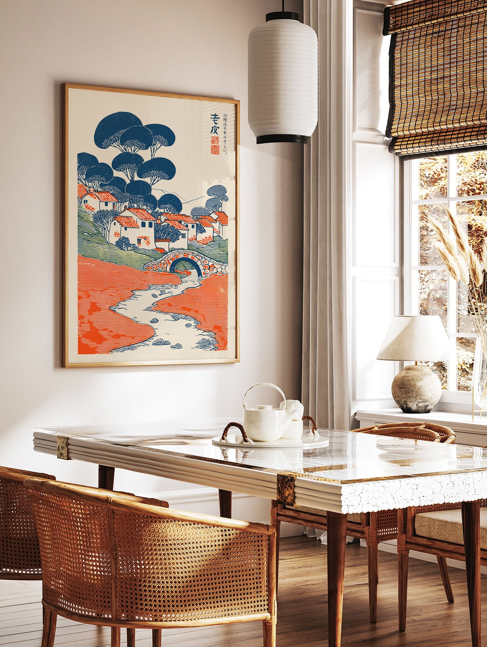 Japanese landscape wall art print featuring a stylized village, blue trees, orange roofs, stone bridge, and winding river. - Image 2