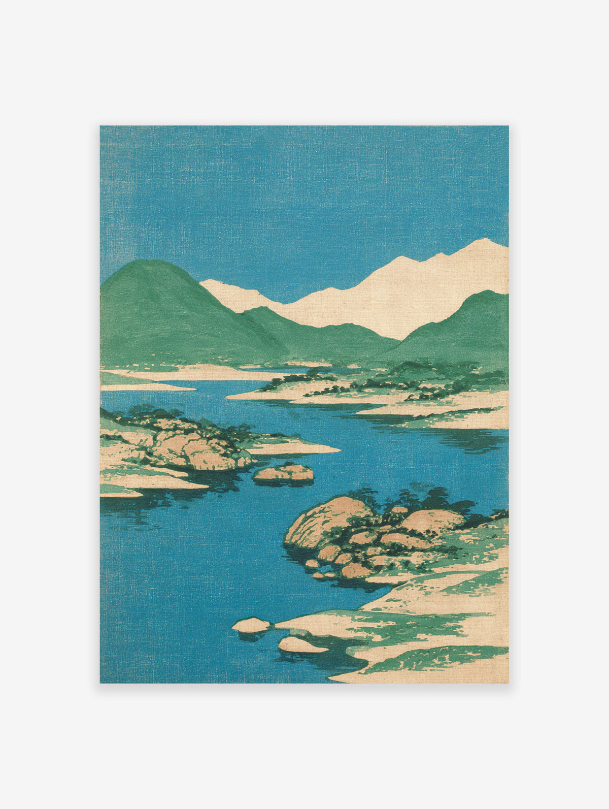 Japanese landscape woodblock print featuring blue water, green mountains, and a clear sky with rocky islands.