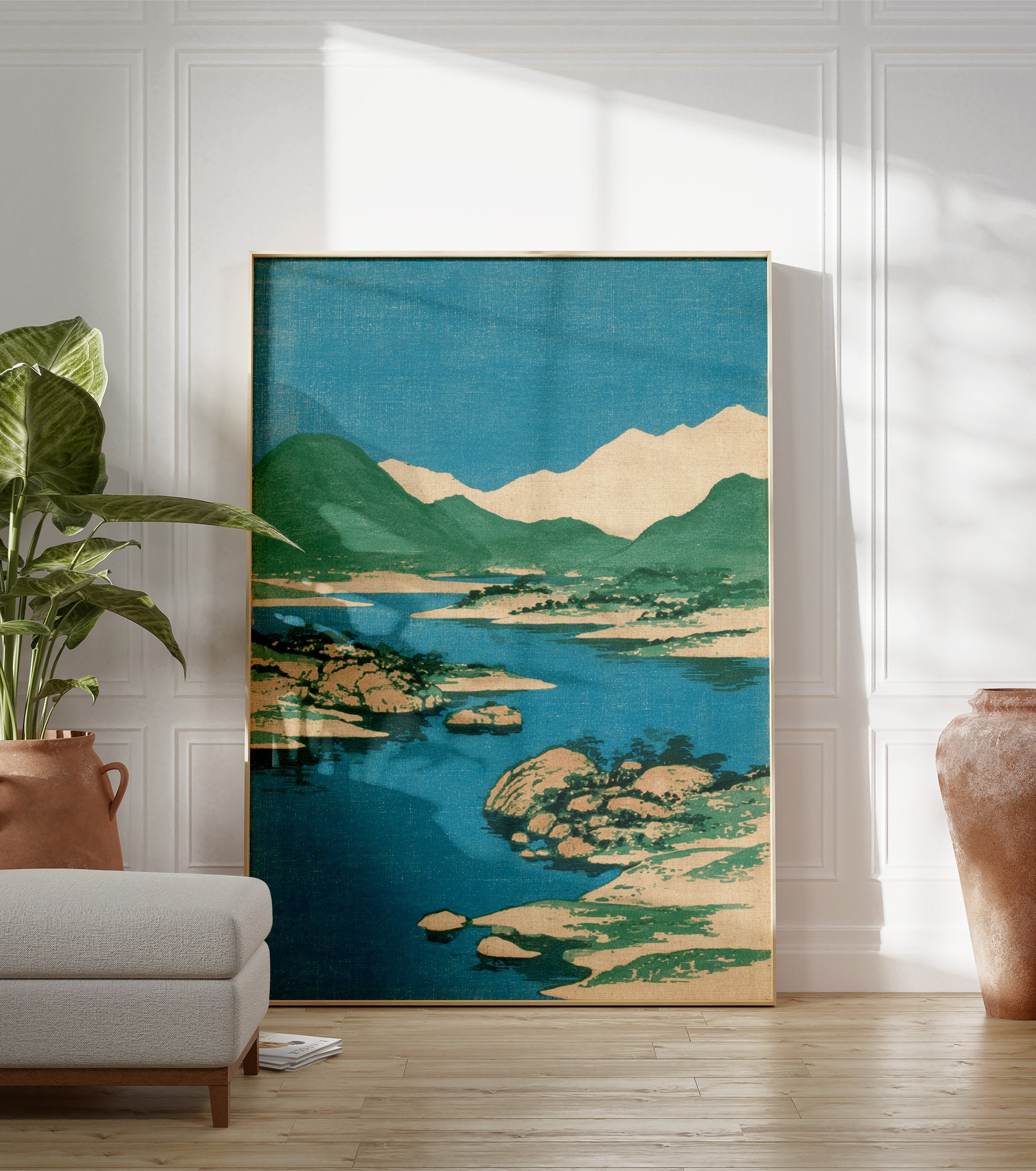 Japanese landscape woodblock print featuring blue water, green mountains, and a clear sky with rocky islands. - Image 3