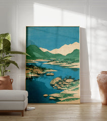 Japanese landscape woodblock print featuring blue water, green mountains, and a clear sky with rocky islands. - Image 3