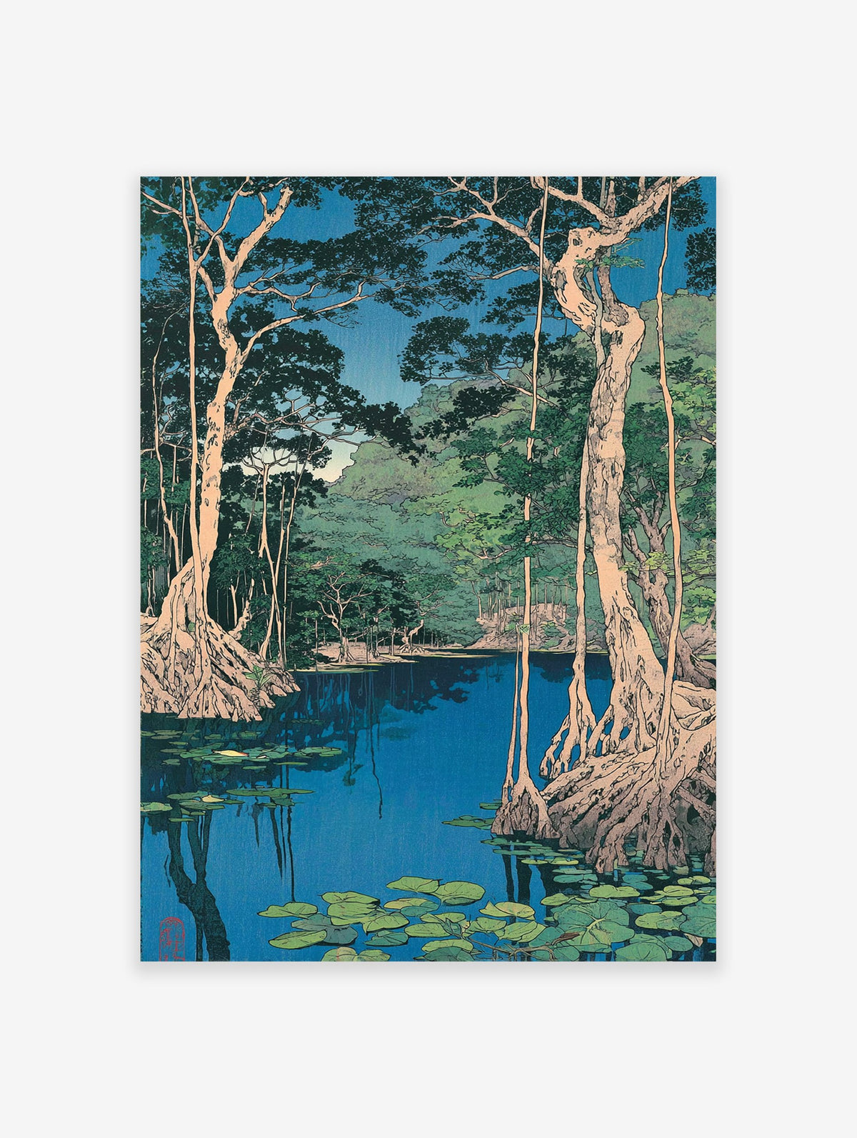 Japanese Landscape Wall Art woodblock print showing a tranquil blue swamp with large trees, exposed roots, and green lily pads.