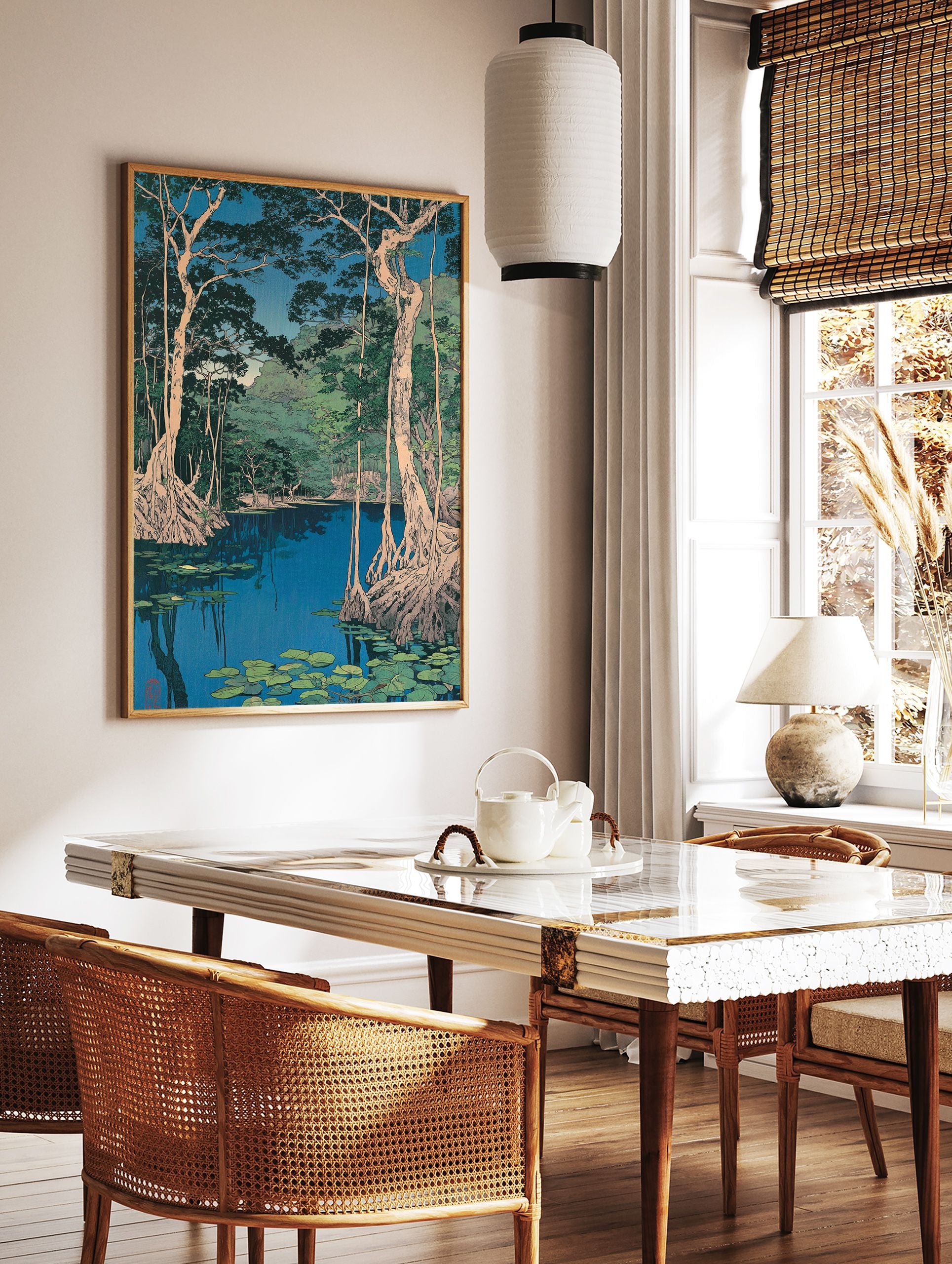 Japanese Landscape Wall Art woodblock print showing a tranquil blue swamp with large trees, exposed roots, and green lily pads. - Image 2
