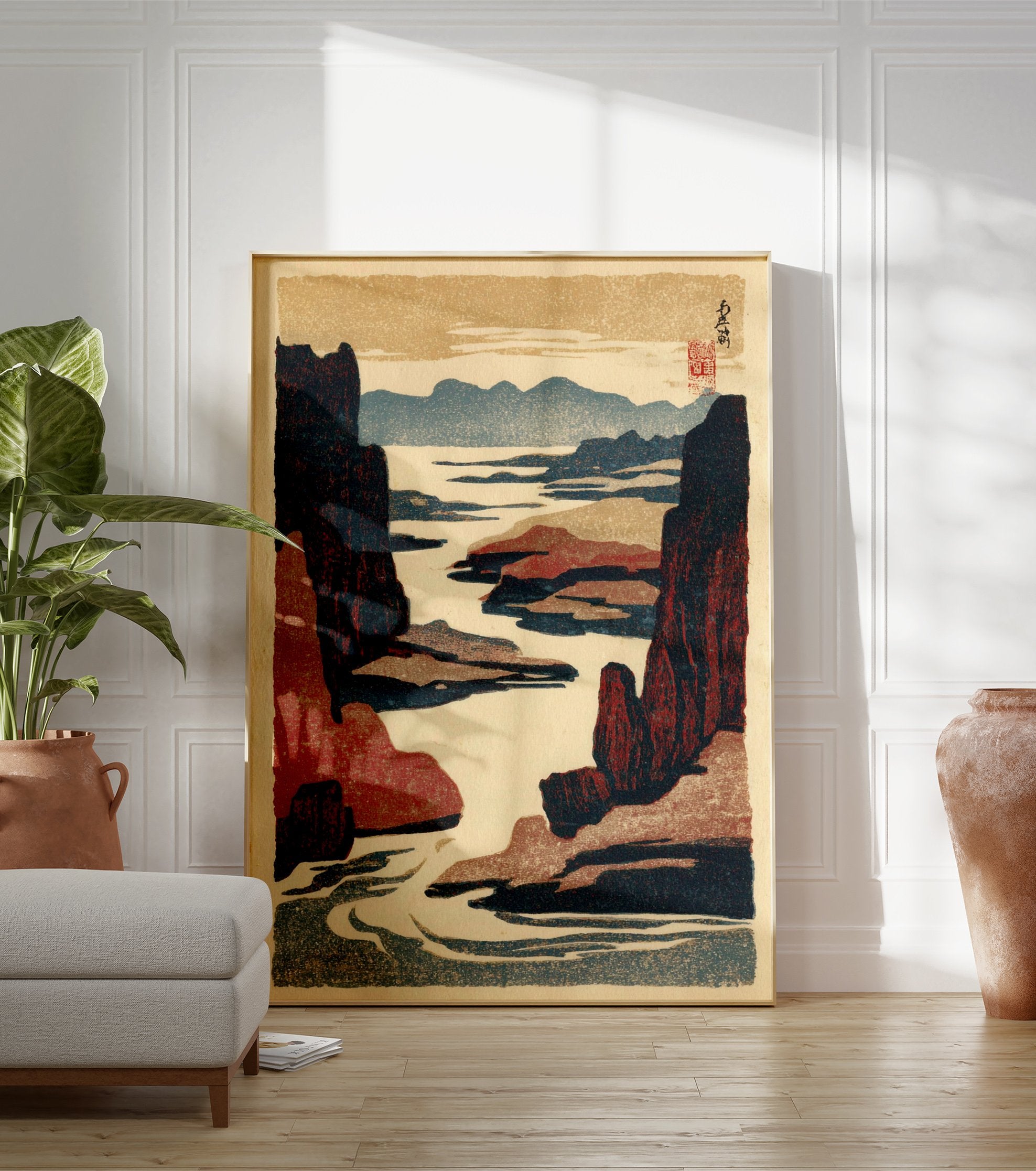 Japanese Landscape Wall Art woodblock print showing a river winding through dark red and blue cliffs and mountains. - Image 3