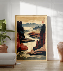 Japanese Landscape Wall Art woodblock print showing a river winding through dark red and blue cliffs and mountains. - Image 3