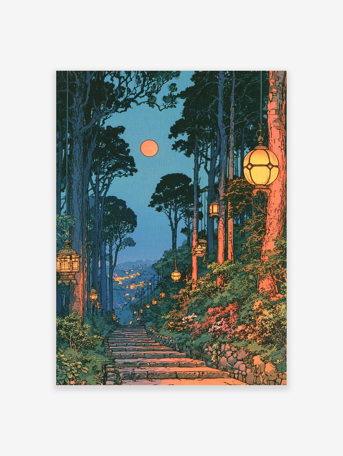Japanese forest landscape art print with stone steps, hanging lanterns, full moon, and distant city lights at night