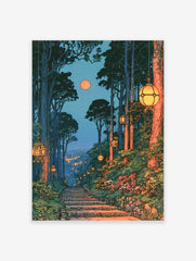Japanese forest landscape art print with stone steps, hanging lanterns, full moon, and distant city lights at night
