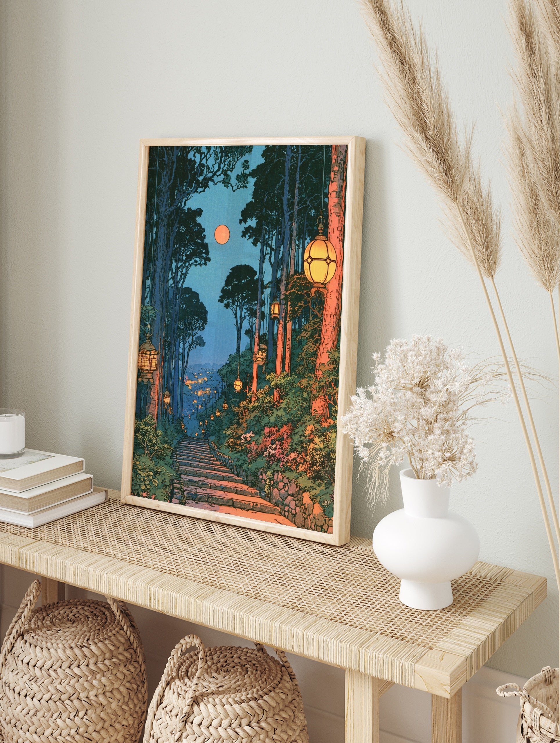 Japanese forest landscape art print with stone steps, hanging lanterns, full moon, and, in an alternate framed mockup