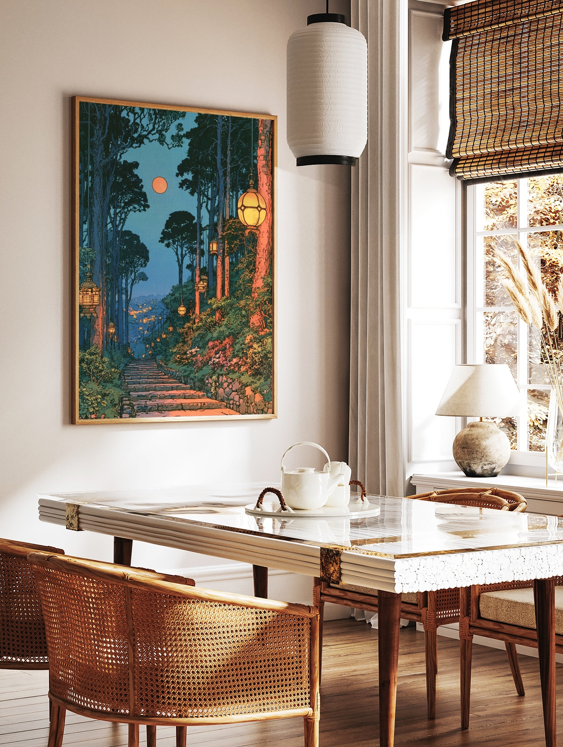 Japanese forest landscape art print with stone steps, hanging lanterns, full moon, and distant city, in a styled room mockup