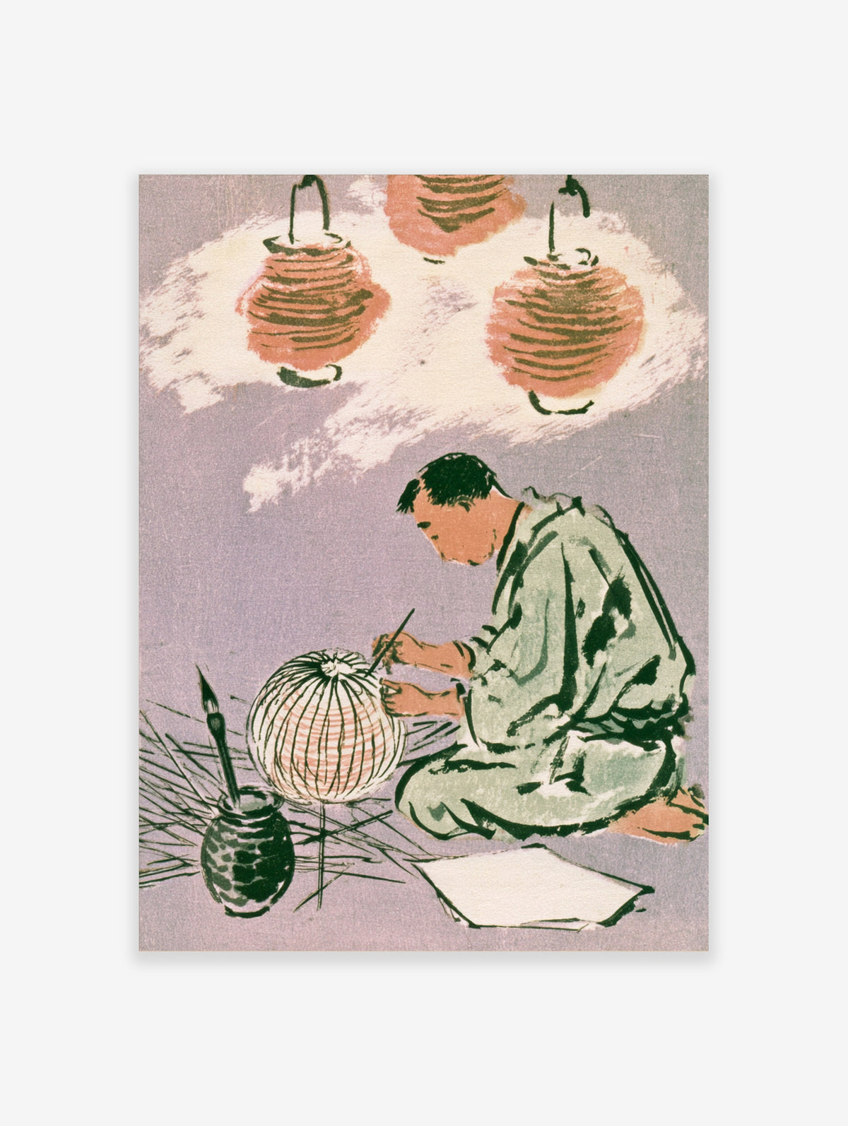 Japanese lantern maker painting a paper lantern with pink lanterns above, traditional craft poster