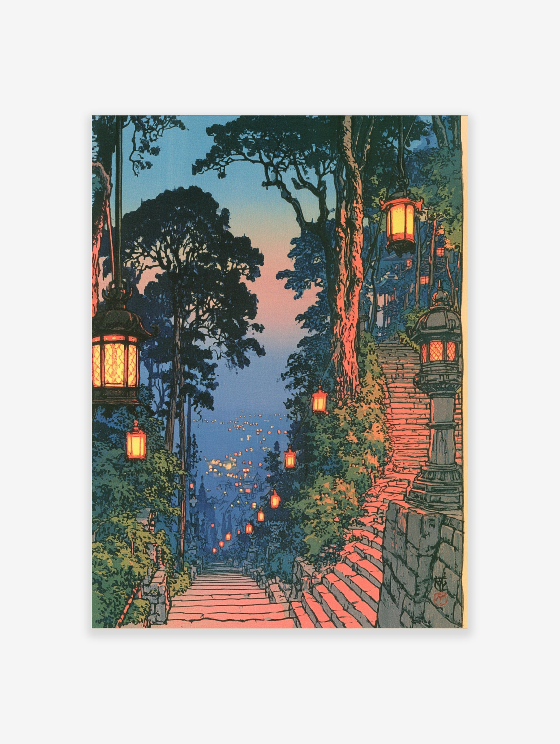 Japanese-style twilight staircase illustration with glowing lanterns, stone steps, and a distant city at dusk