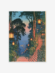 Japanese-style twilight staircase illustration with glowing lanterns, stone steps, and a distant city at dusk