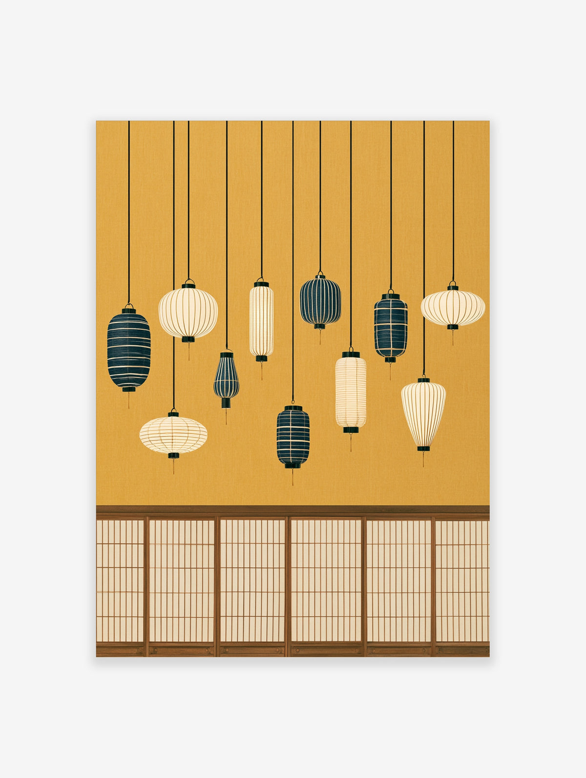 Japanese lantern wall art print with navy and cream paper lanterns on black cords over a gold background