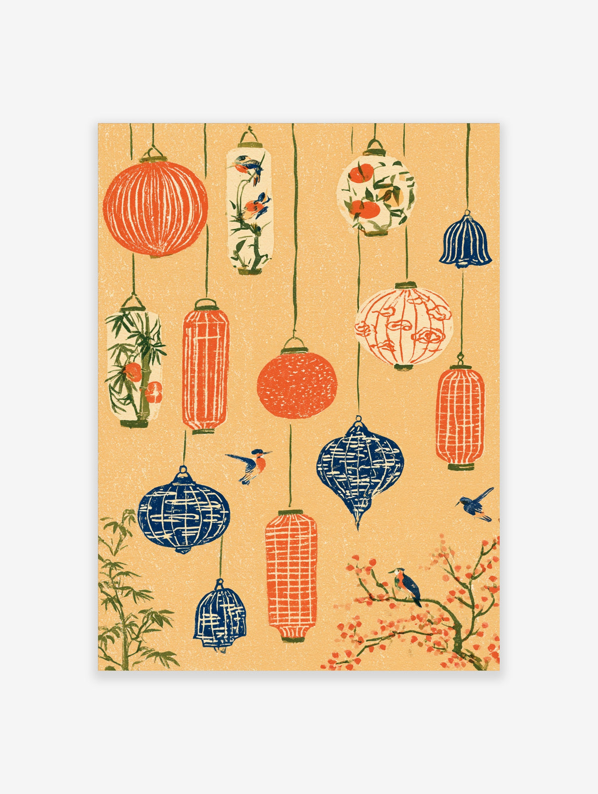 Japanese lantern art print with hanging red, blue, and cream paper lanterns, birds, bamboo, and blossom on beige