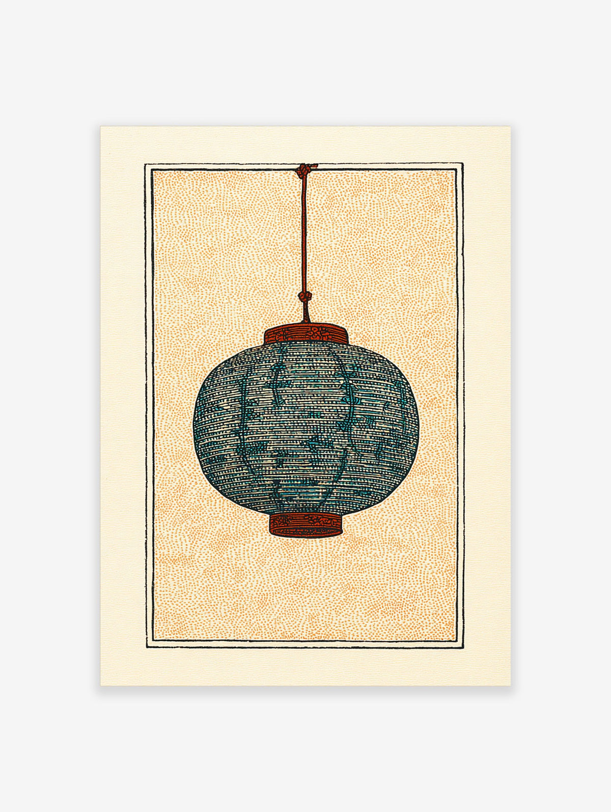 Illustrative print of a teal blue Japanese paper lantern with burnt orange details, hanging against a stippled beige