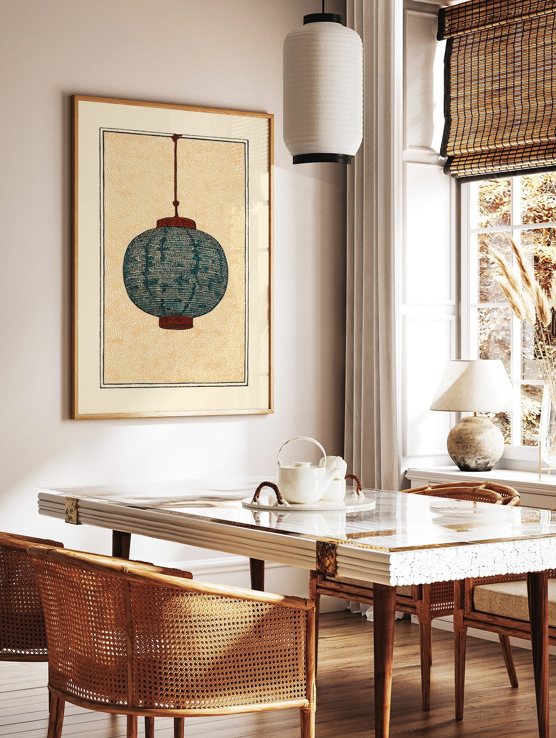 Illustrative print of a teal blue Japanese paper lantern with burnt orange details, hanging against, in a styled room mockup