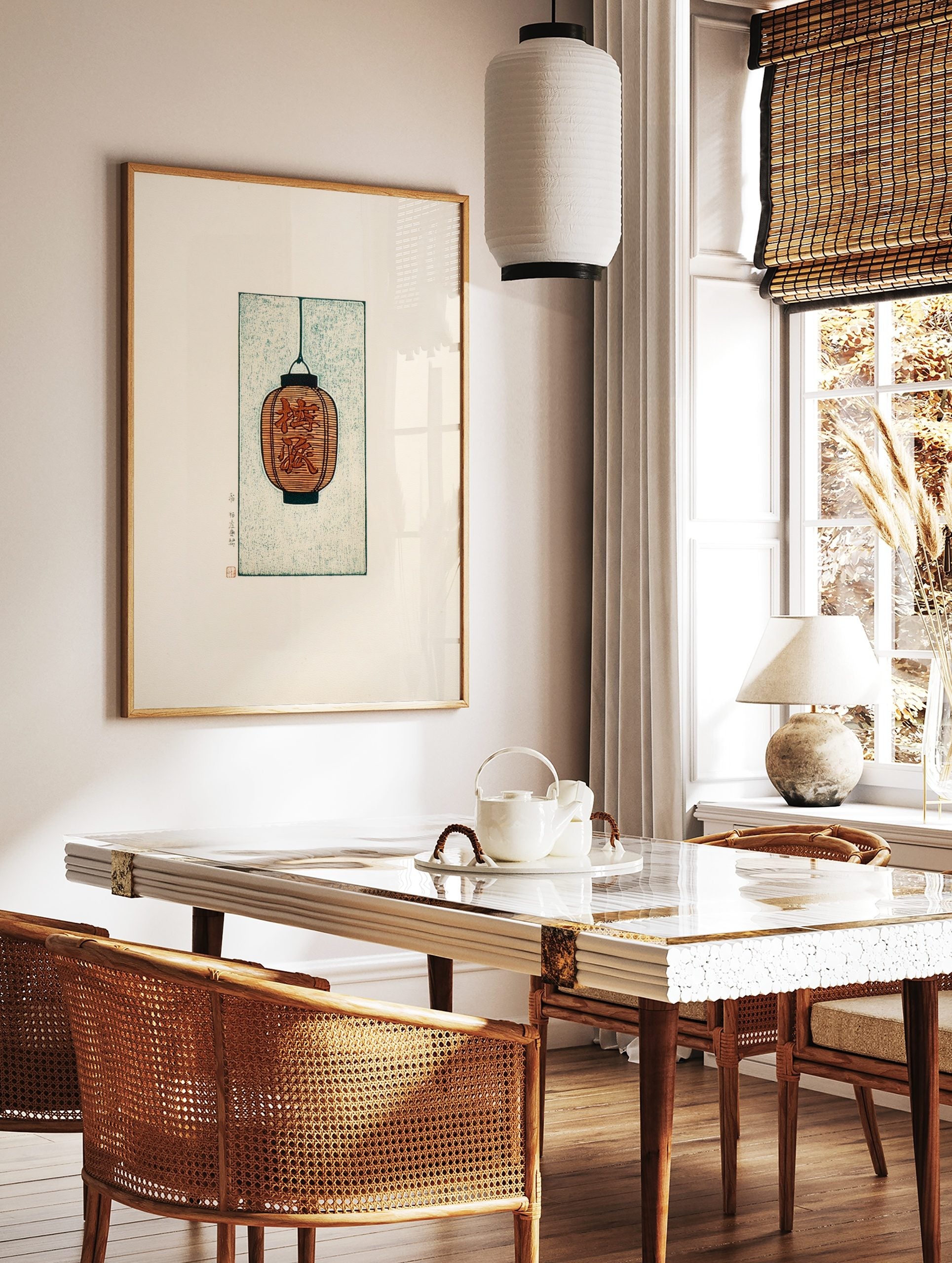 Orange Japanese lantern with 'Ume Musume' kanji characters, hanging against a textured teal, in a styled room mockup