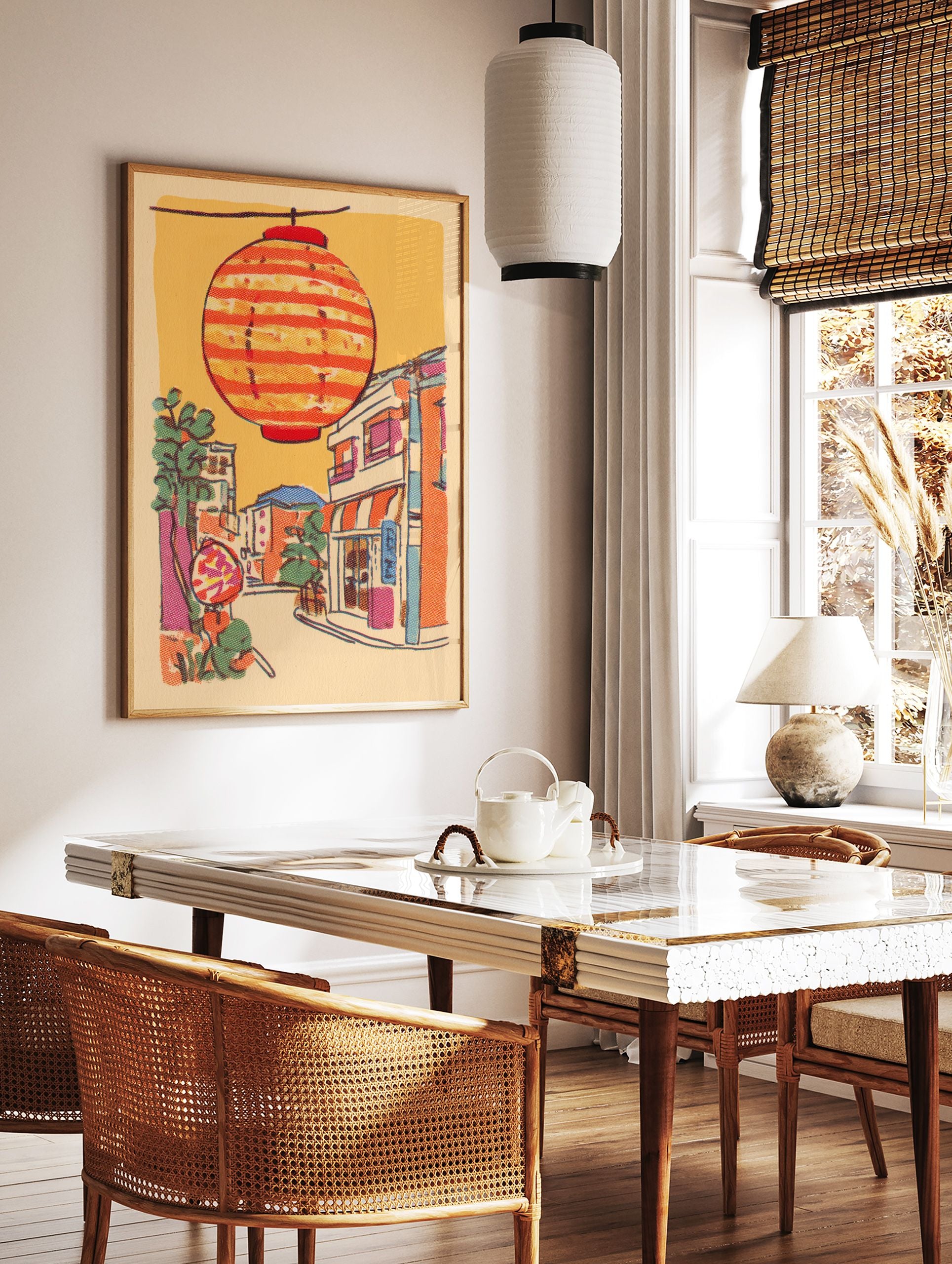 Illustrative print of a Japanese street scene with a large orange striped lantern hanging above colorful buildings and trees. - Image 2