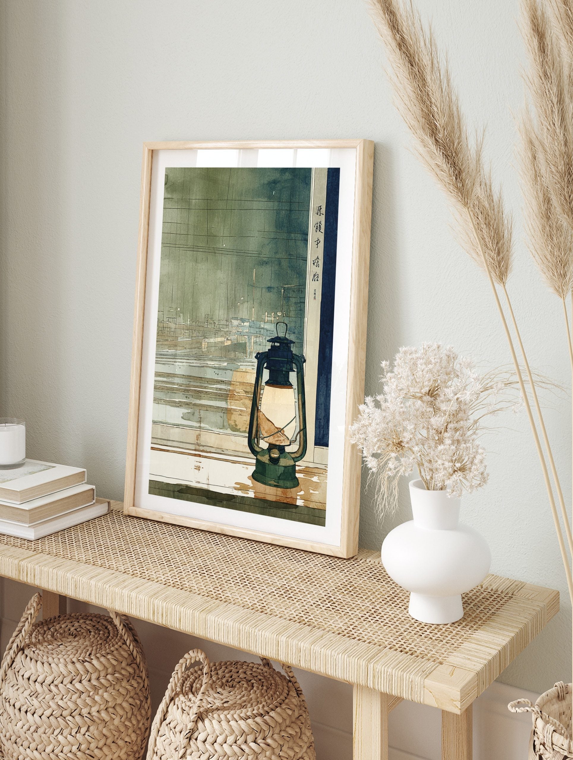 Japanese lantern on window sill with glowing light, blurred green-blue cityscape and Japanese, in an alternate framed mockup