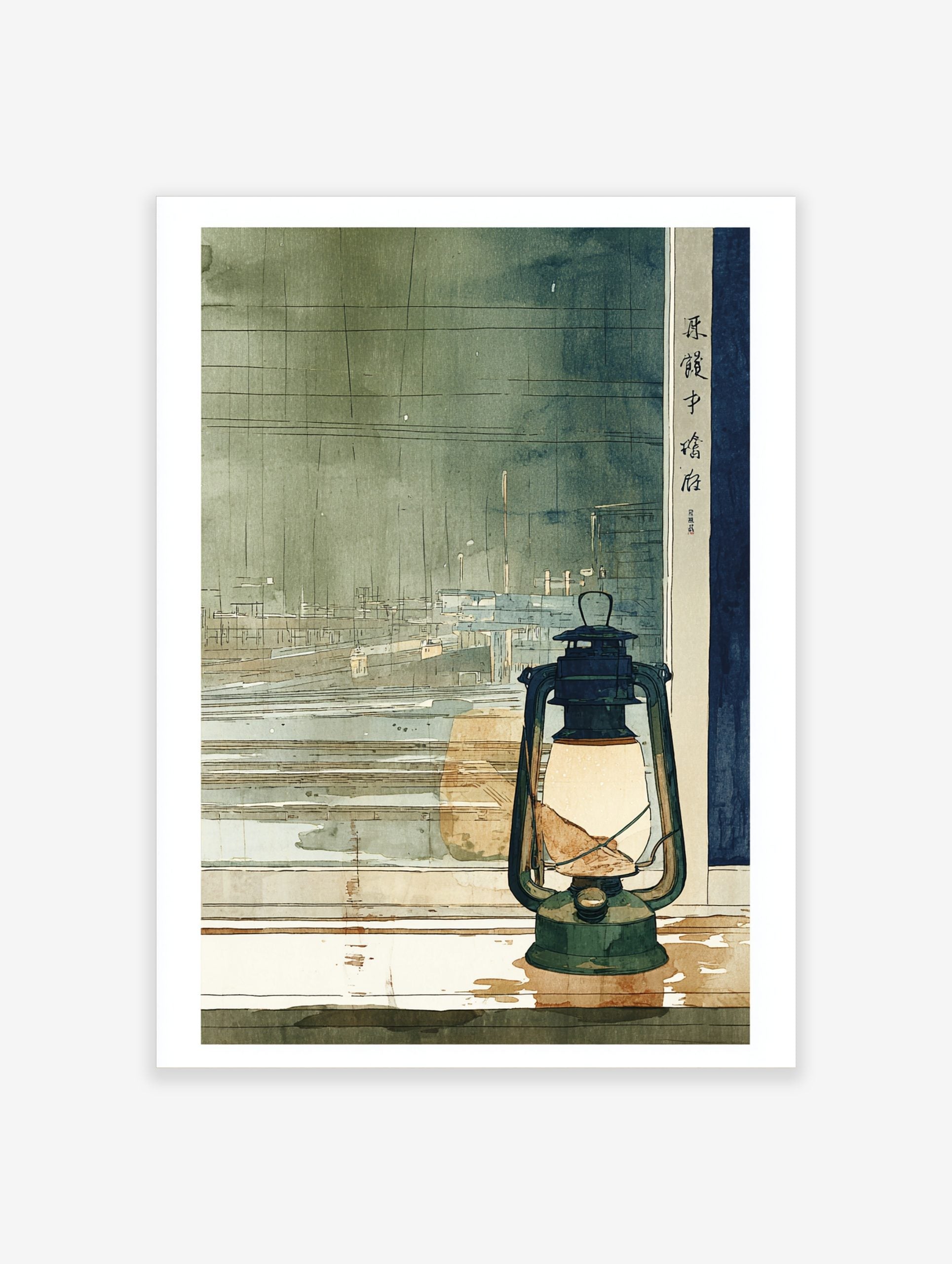 Japanese lantern on a window sill overlooking a watercolour cityscape at dusk with kanji text