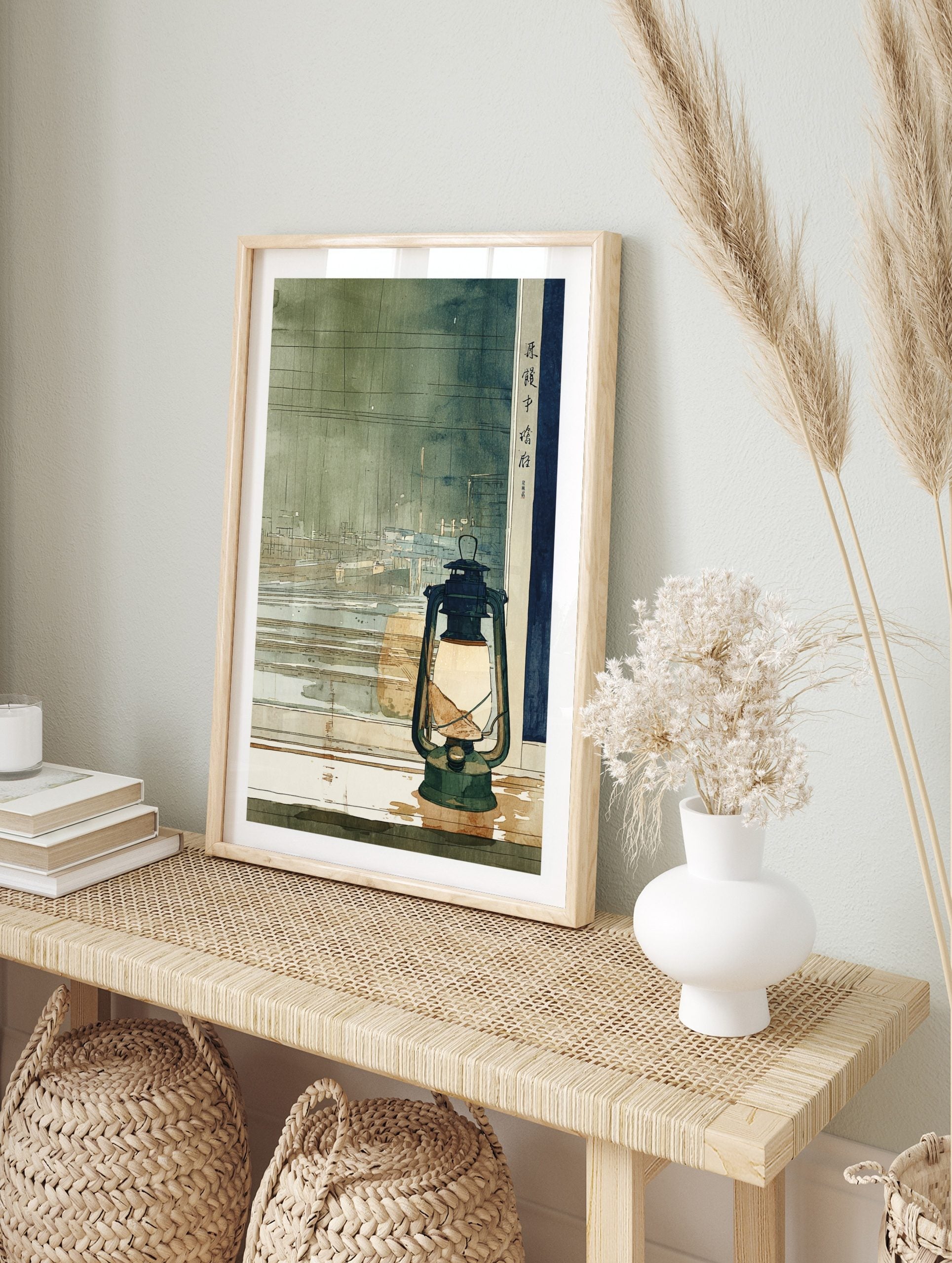 Japanese lantern on a window sill overlooking a watercolour cityscape at dusk with kanji text, in an alternate framed mockup