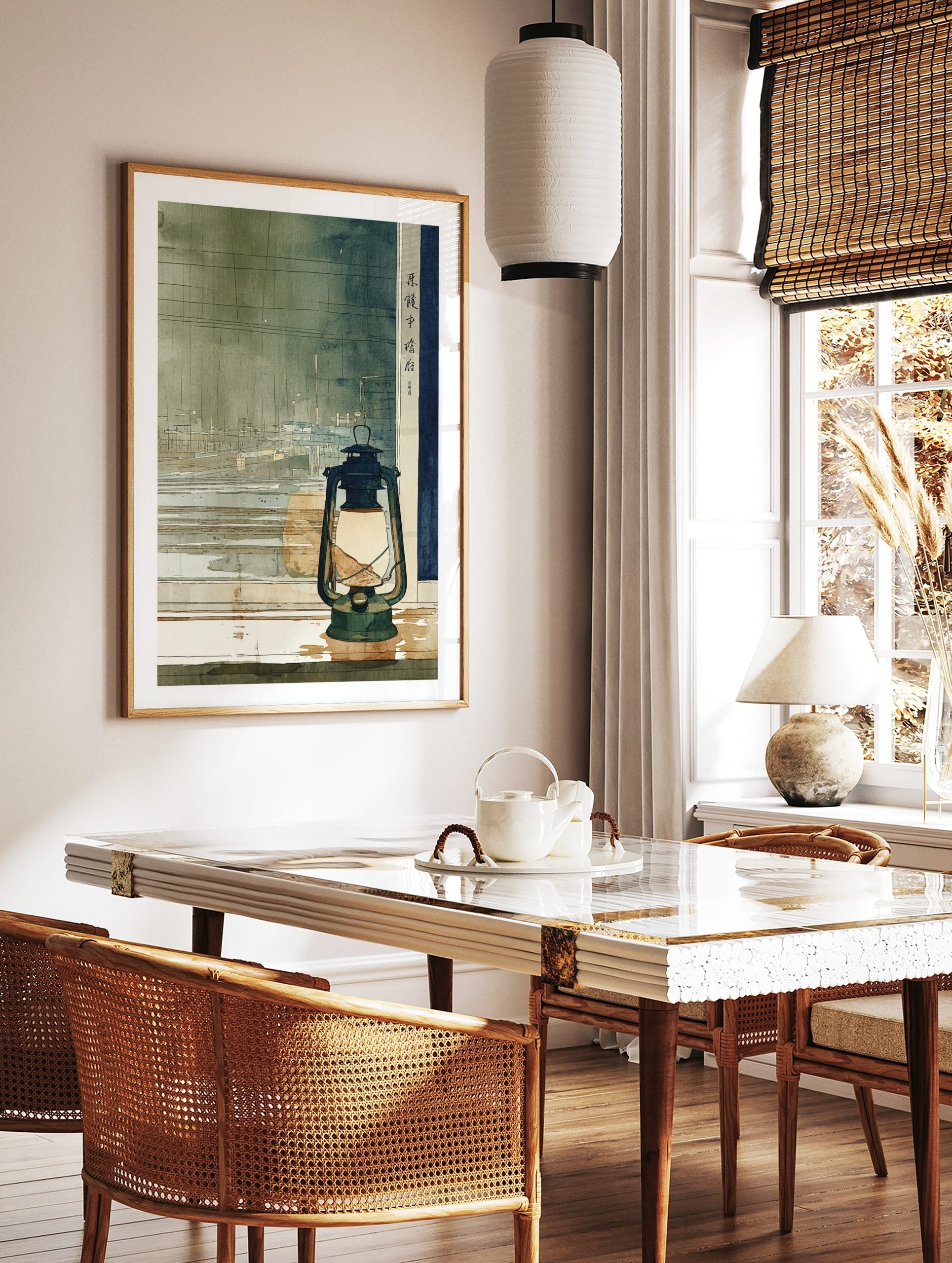 Japanese lantern on a window sill overlooking a watercolour cityscape at dusk with kanji text, in a styled room mockup