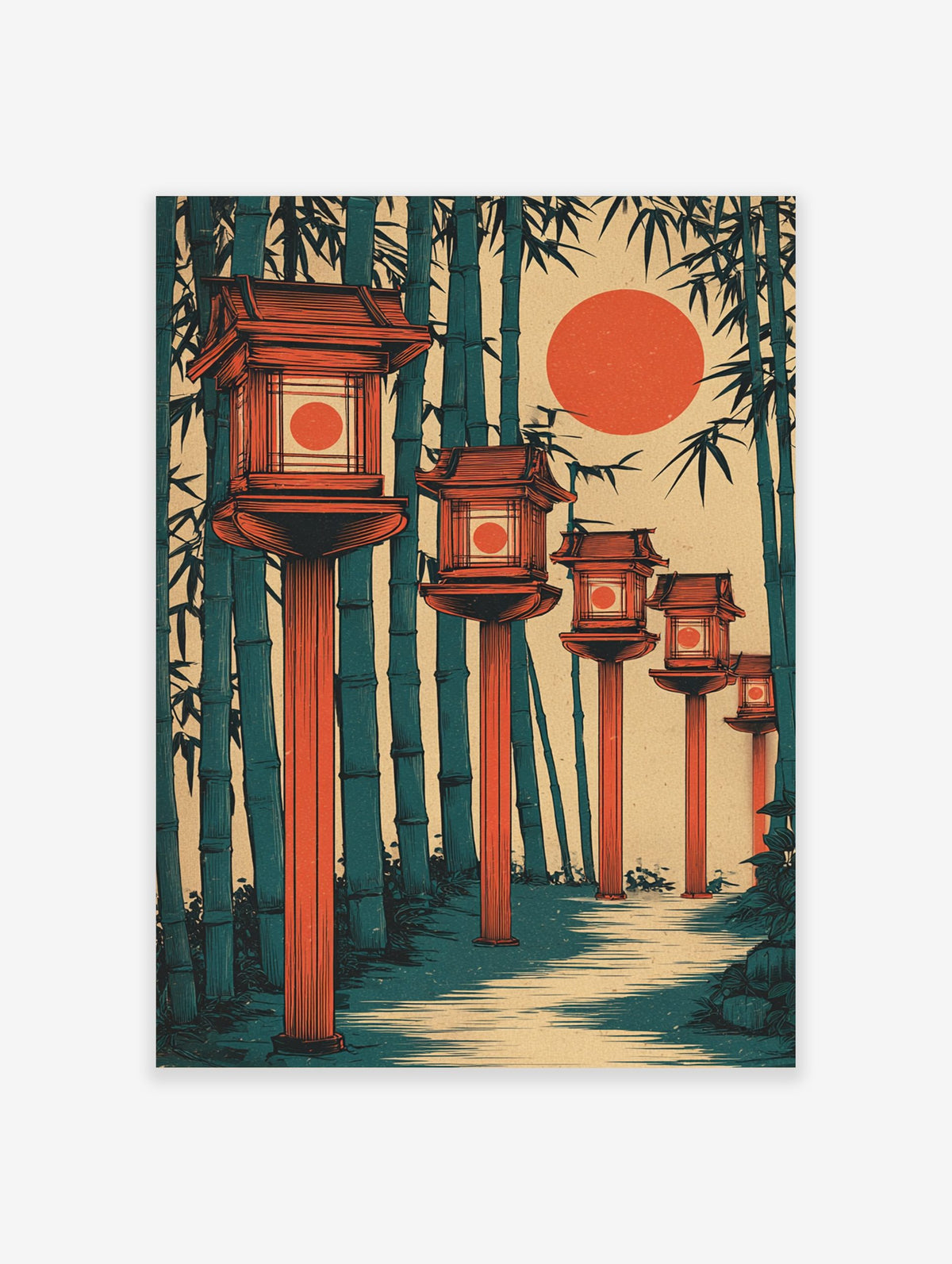 Illustrative print of Japanese lanterns along a path in a bamboo forest with a large red sun