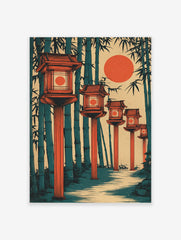 Illustrative print of Japanese lanterns along a path in a bamboo forest with a large red sun