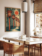 Illustrative print of Japanese lanterns along a path in a bamboo forest with a large red sun, in a styled room mockup