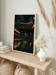 Japanese lanterns poster depicting a serene night scene with a red bridge over a canal, surrounded by trees and reflections in the water. - Image 4