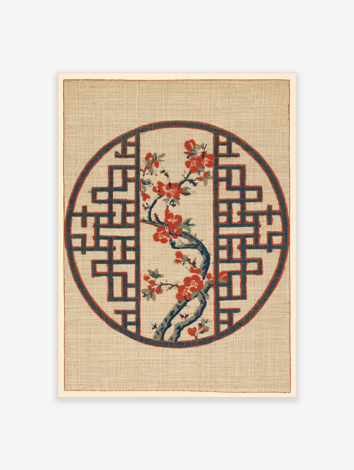 Japanese-inspired circular print featuring a red flowering branch inside a blue geometric lattice on a textured tan