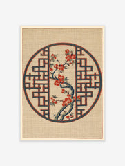 Japanese-inspired circular print featuring a red flowering branch inside a blue geometric lattice on a textured tan