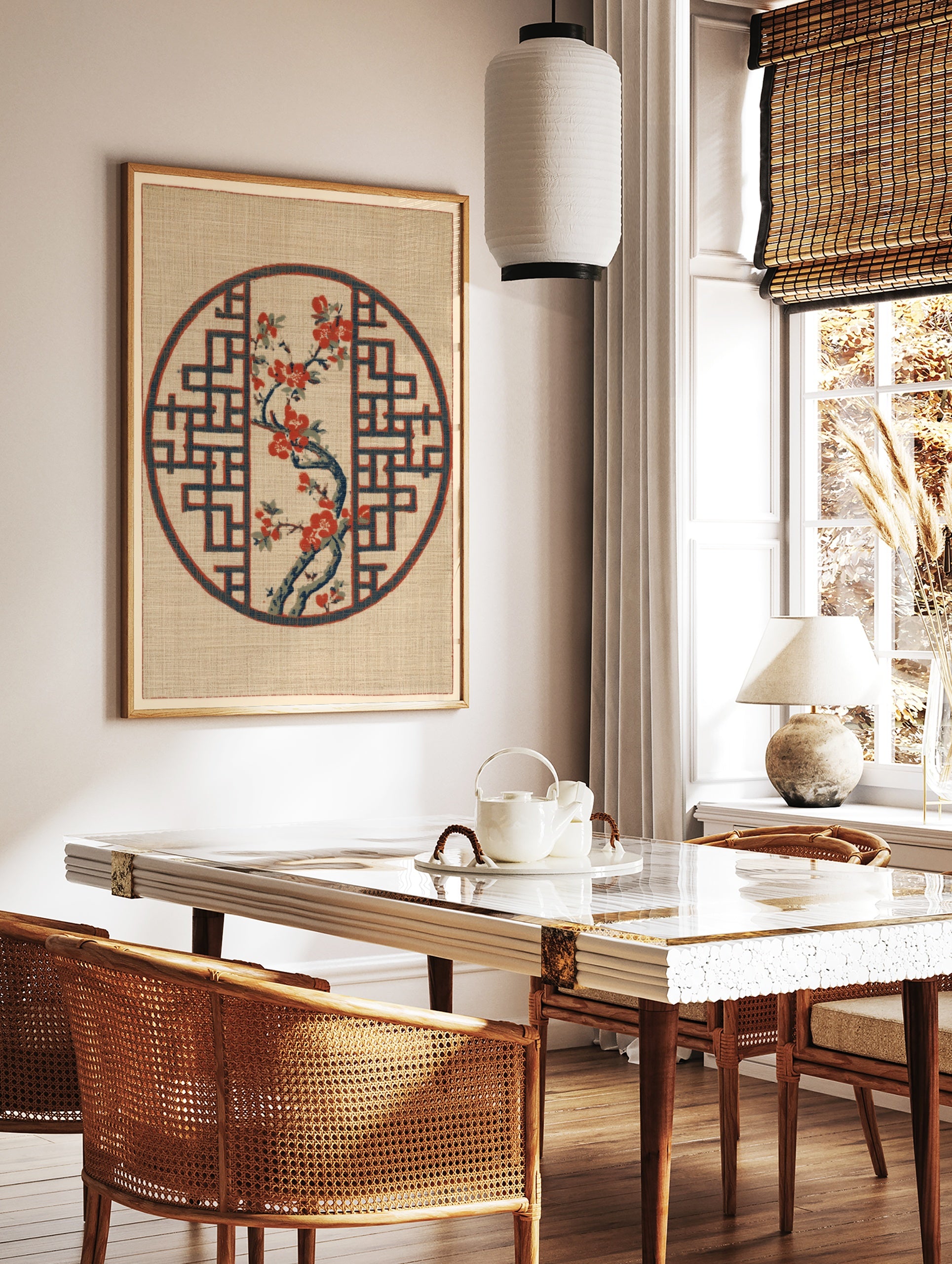 Japanese-inspired circular print featuring a red flowering branch inside a blue geometric lattice, in a styled room mockup