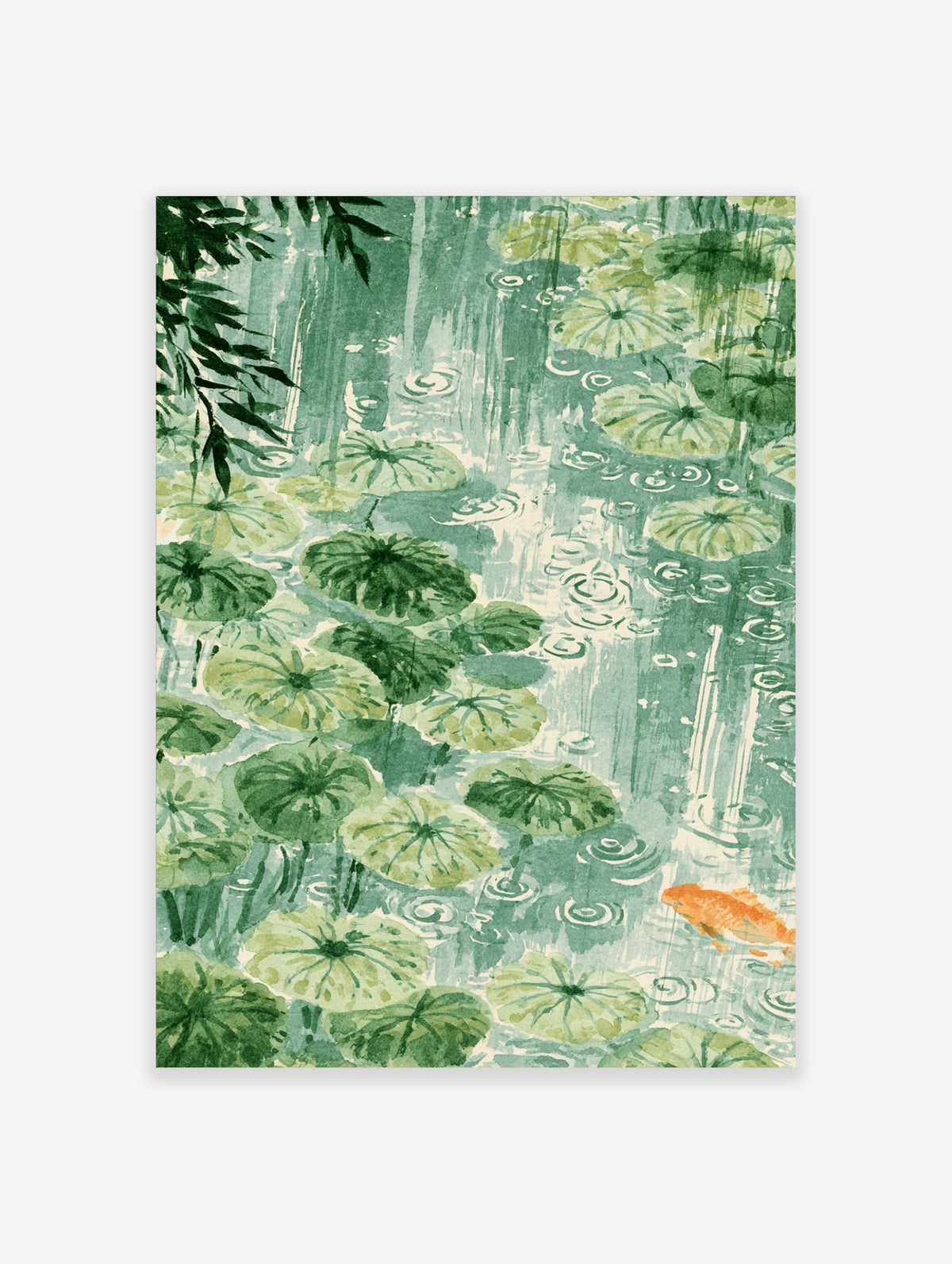 Green lily pond art print with lily pads, bamboo leaves, water ripples, and an orange koi fish