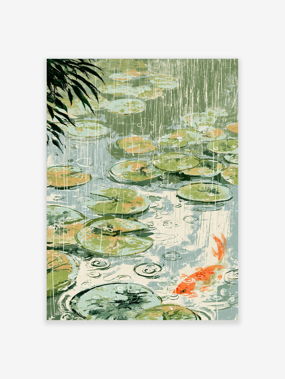 Japanese lily pond poster with orange koi fish, green lily pads, and vertical rain streaks on pale blue water