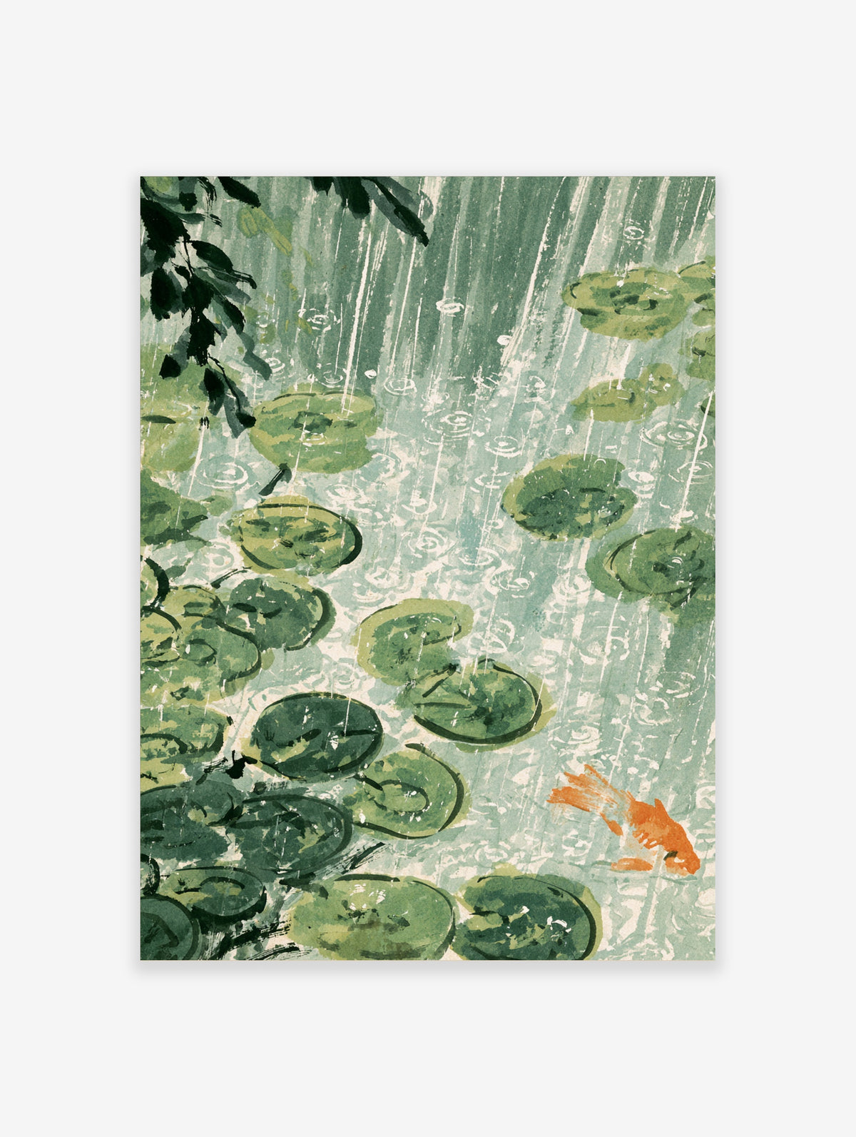 Japanese lily pond art print with green lily pads, rain ripples, and an orange koi fish