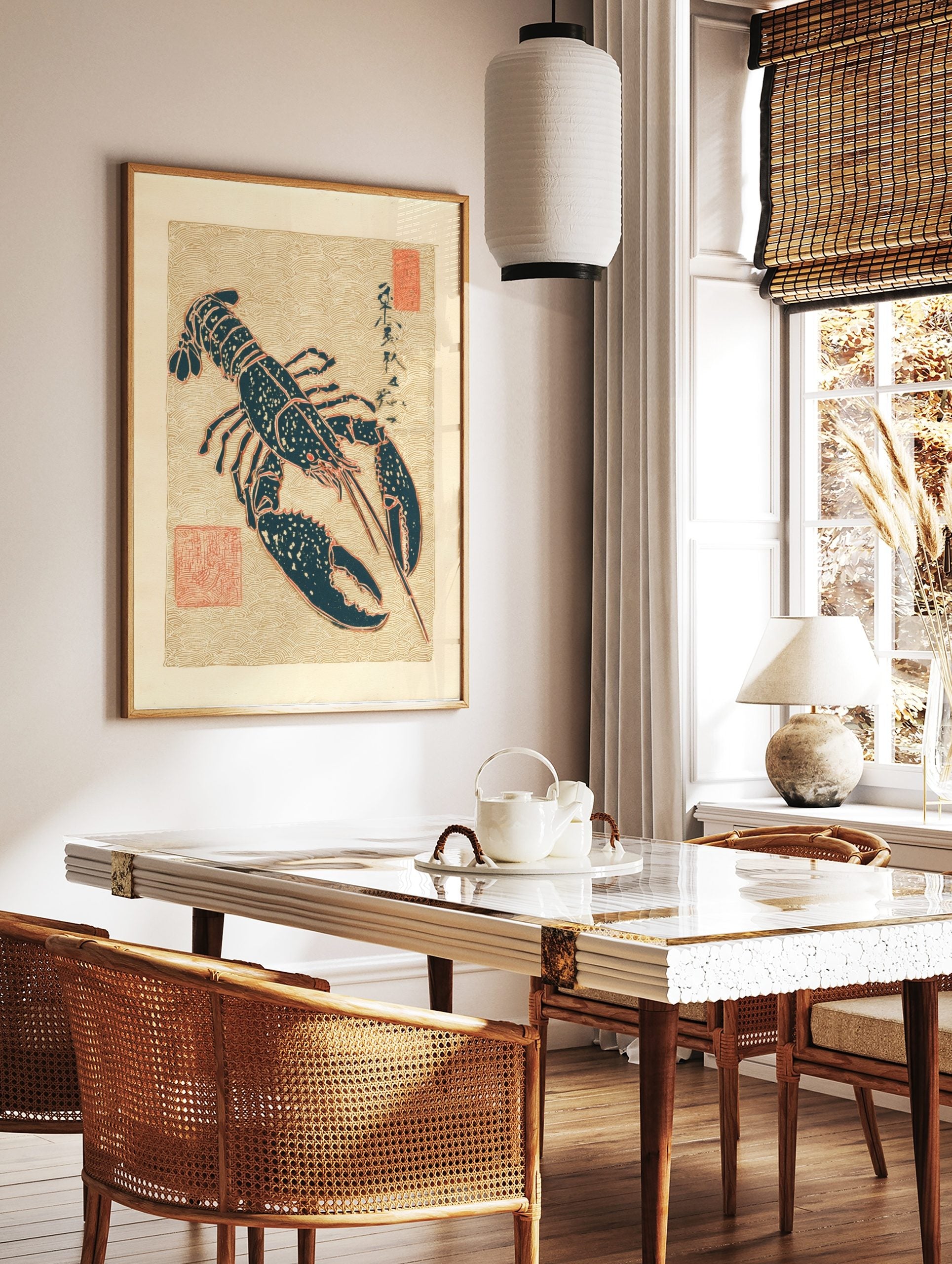 Japanese lobster illustration in dark teal with red outlines on a beige wave pattern background, in a styled room mockup