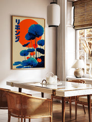 Japanese lotus art poster with blue leaves, an orange sun, and Japanese text on a beige background. - Image 2