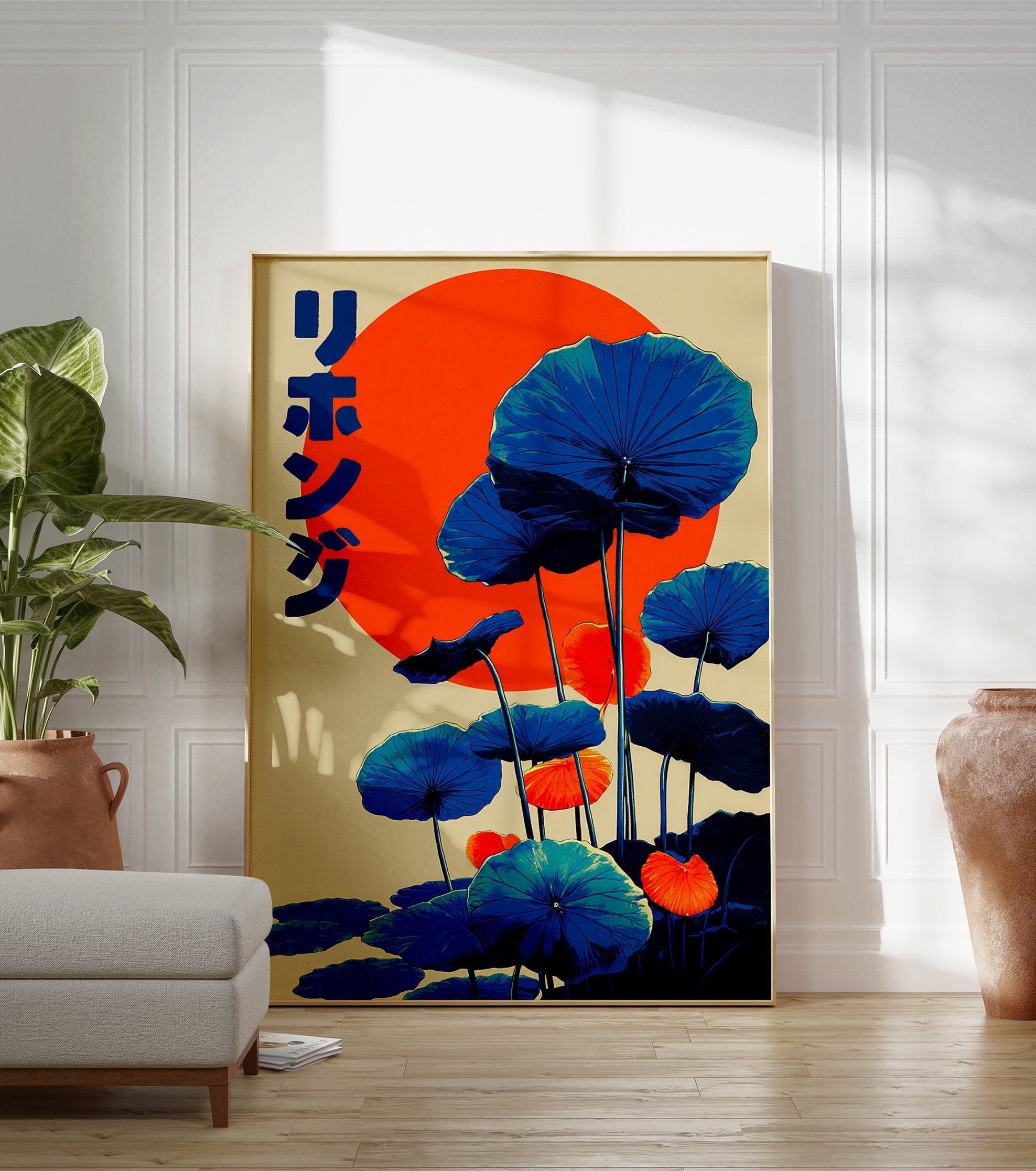 Japanese lotus art poster with blue leaves, an orange sun, and Japanese text on a beige background. - Image 3