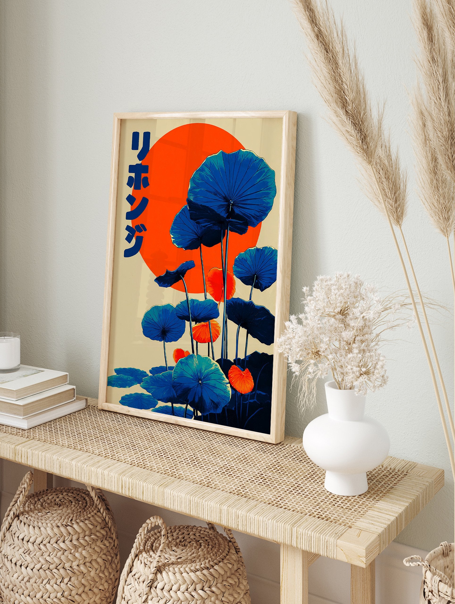 Japanese lotus art poster with blue leaves, an orange sun, and Japanese text on a beige background. - Image 4