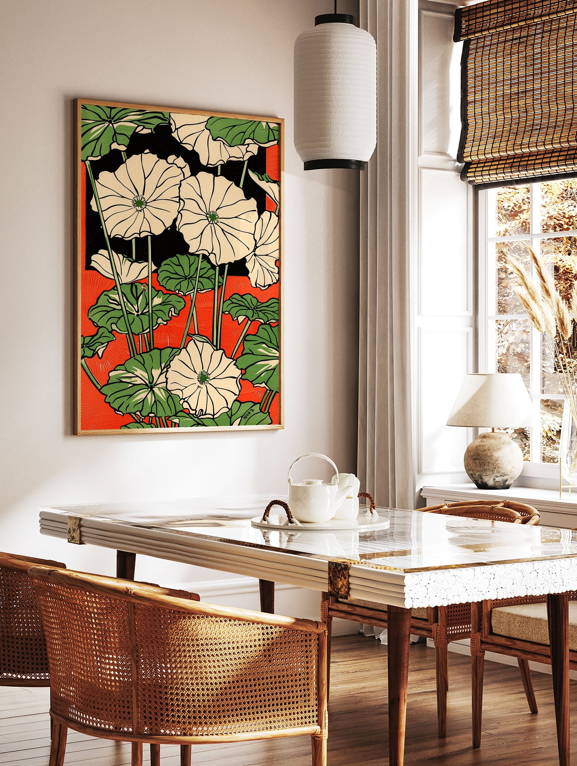 Japanese botanical poster featuring white lotus flowers with green leaves and stems against a vibrant red background. - Image 2
