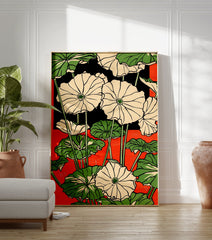 Japanese botanical poster featuring white lotus flowers with green leaves and stems against a vibrant red background. - Image 3