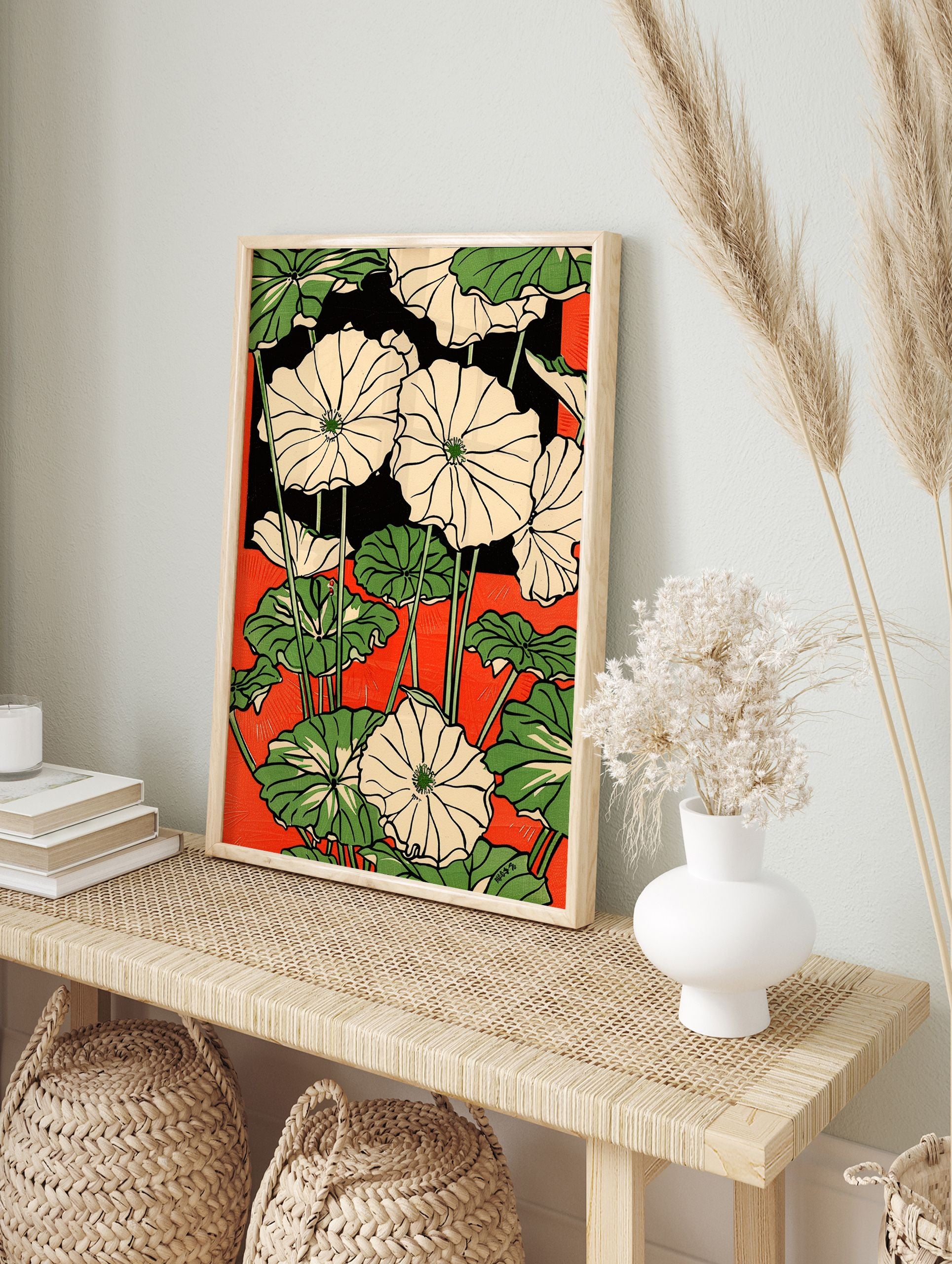 Japanese botanical poster featuring white lotus flowers with green leaves and stems against a vibrant red background. - Image 4
