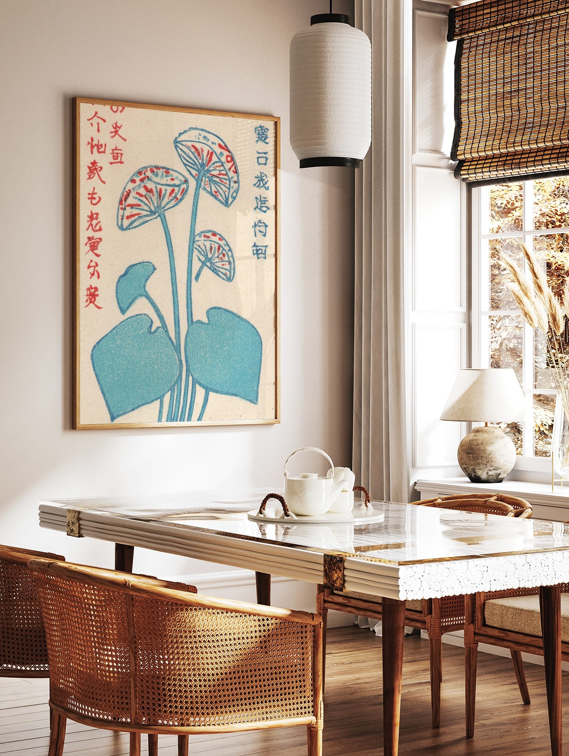 Japanese woodblock print of blue lotus flowers with red patterns and leaves, with Kanji text on a, in a styled room mockup
