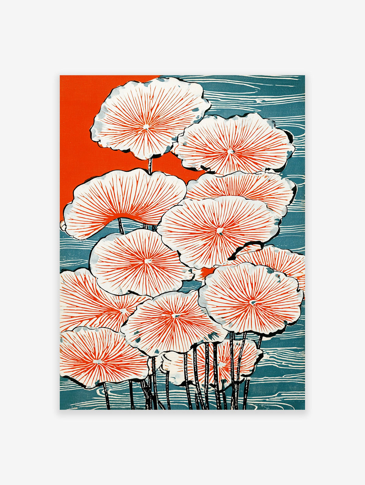 Japanese Lotus poster featuring vibrant orange and blue water lilies with black stems in a traditional woodblock print style.